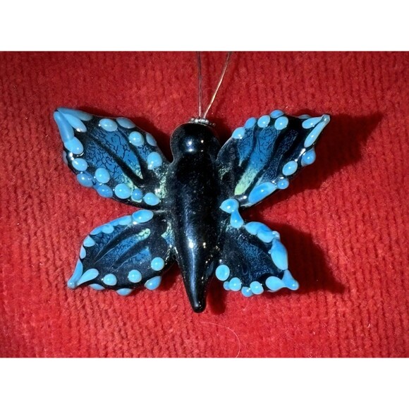 Handblown Fused Glass Black & Blue Butterfly Necklace - Picture 7 of 9